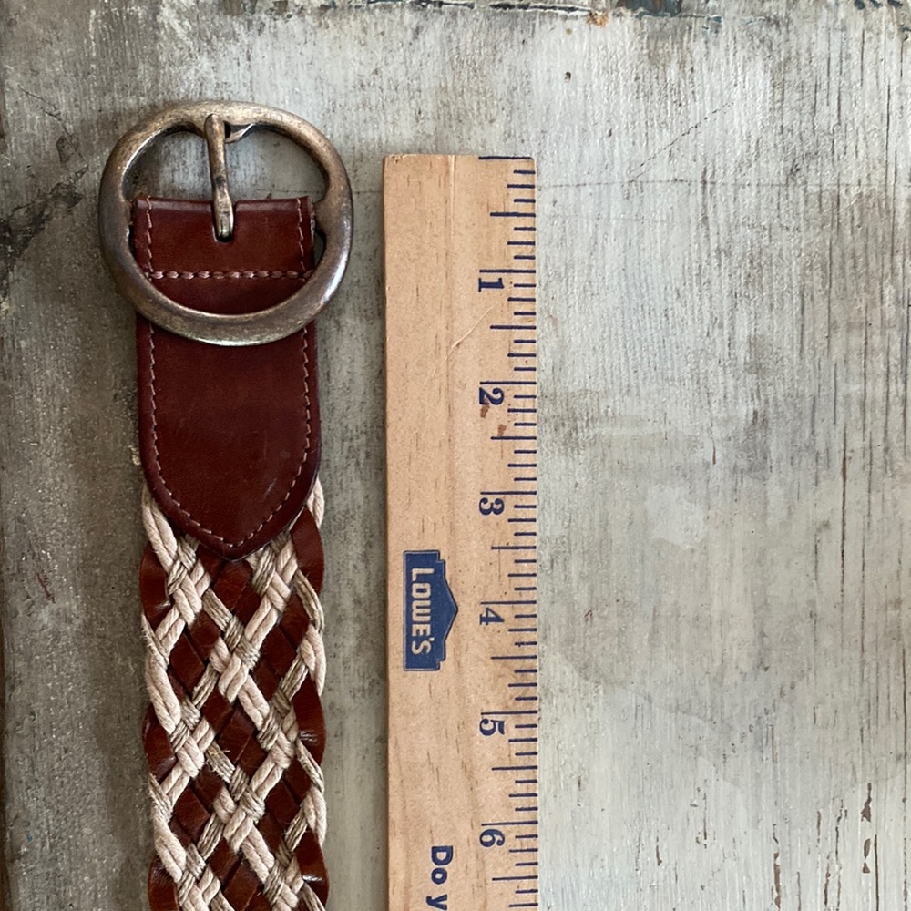J Crew leather and linen belt 45” long from end of buckle to end. See photo.